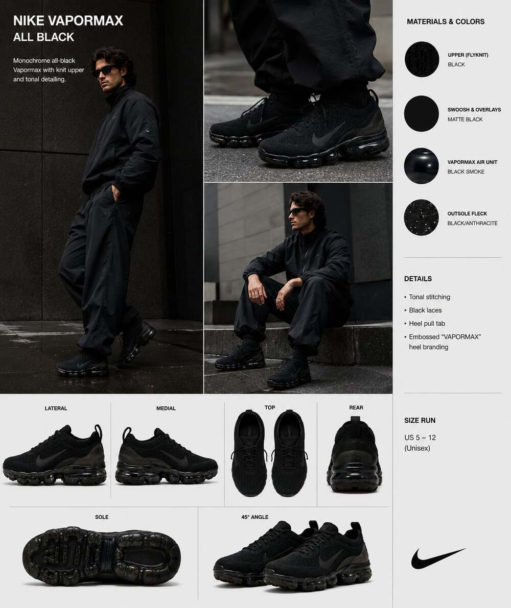 Nike Air VaporMax Flyknit Triple Black Running Shoes size 11